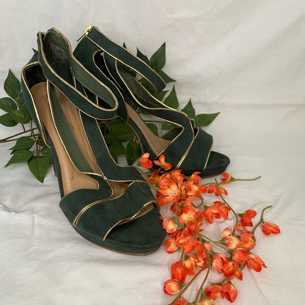 Green and gold peep toe stiletto heel